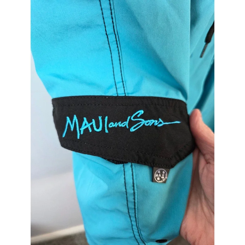 Maui and Sons Mens Board Shorts Black Turquoise Color Block Swim Trunks Size 38